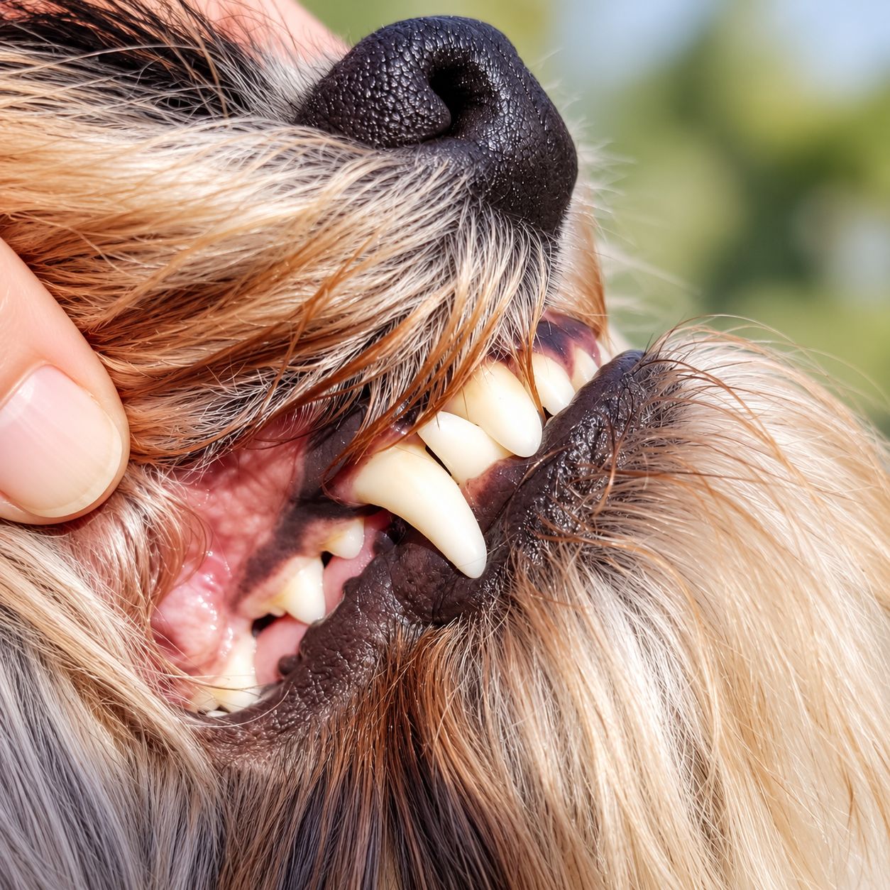 Nahaufnahme des Mauls eines kleinen Hundes, der seine Zähne zeigt. Hand hebt Lippe zur besseren Sicht. Fokus auf gesunde Zähne.