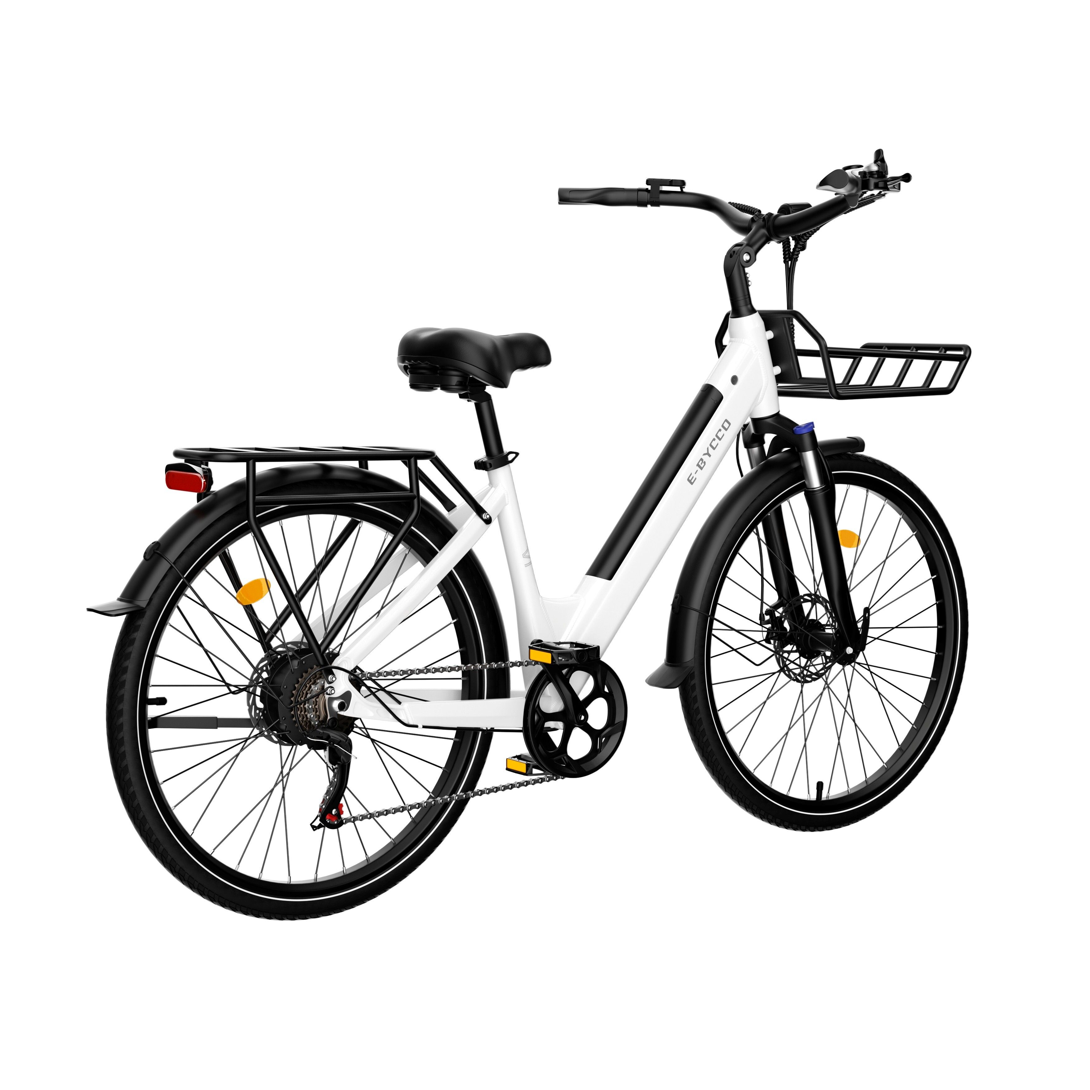 Weißes E-Bike mit Gepäckträger. Schwarze Reifen und Details. E·Bycco Logo am Rahmen. Seitenansicht.