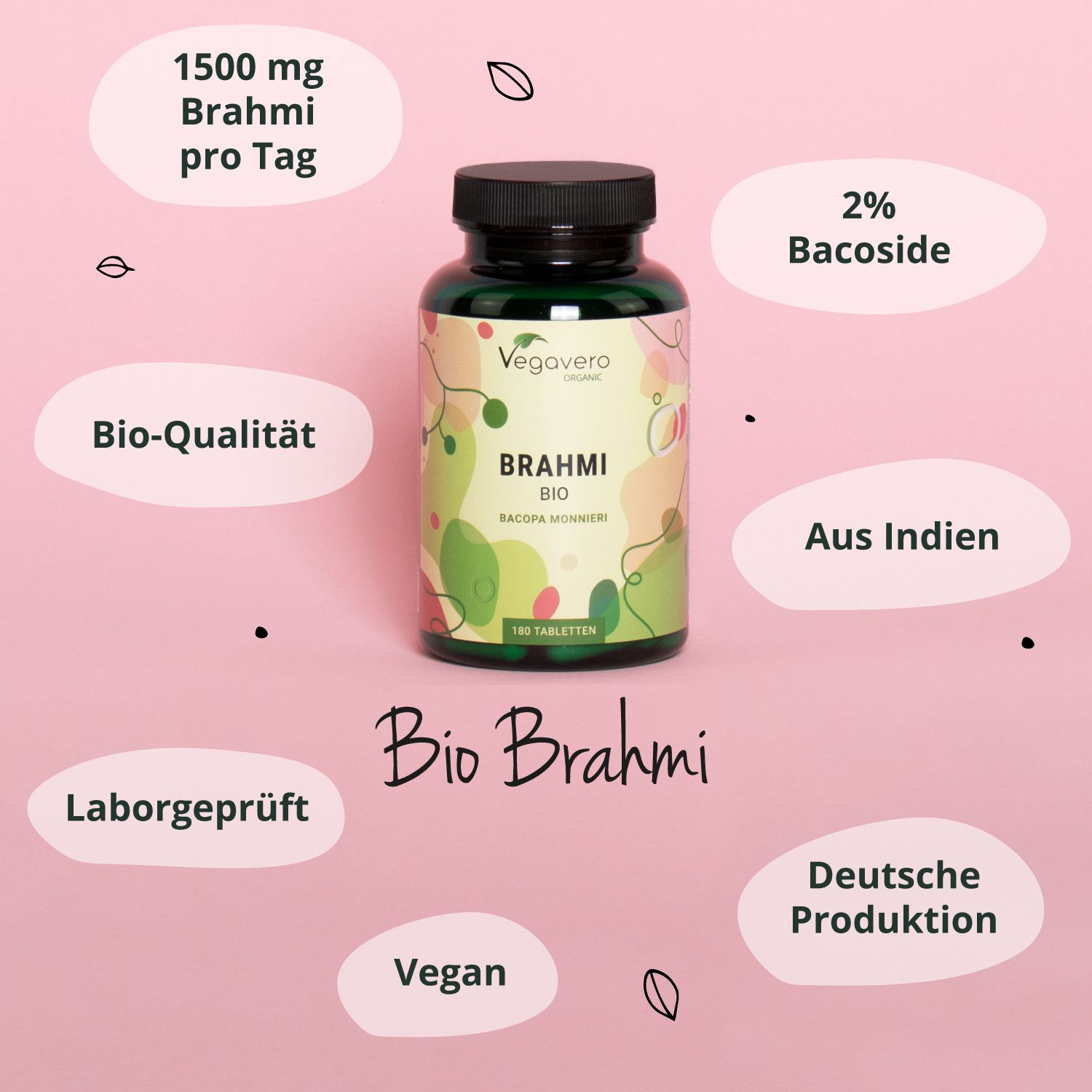 Flasche Brahmi BIO, umgeben von Texten: 1500 mg Brahmi pro Tag, Bio-Qualität, Laborgeprüft, Vegan, Deutsche Produktion.