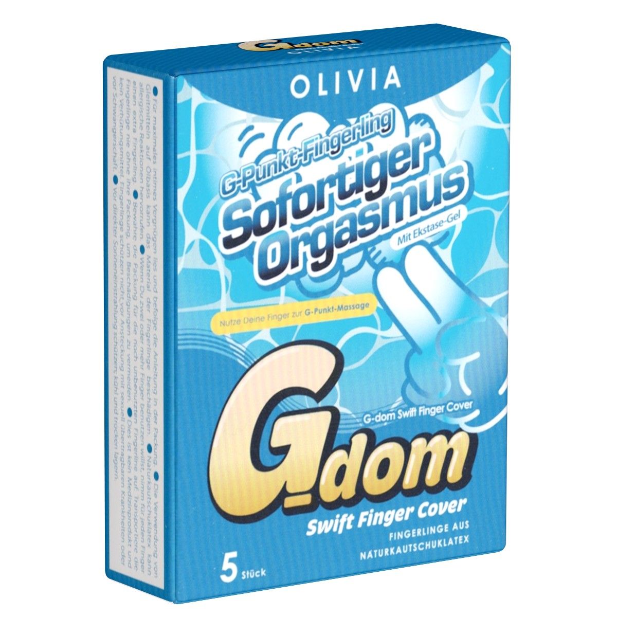 Blau-weiße Verpackung mit Produktnamen Olivia G-dom Swift Finger Cover. Enthält 5 Fingerlinge aus Naturkautschuklatex.