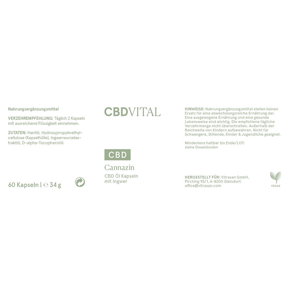 Weißes Etikett mit Text: CBD VITAL, CBD Cannazin, CBD Öl Kapseln mit Ingwer. 60 Kapseln, vegan.