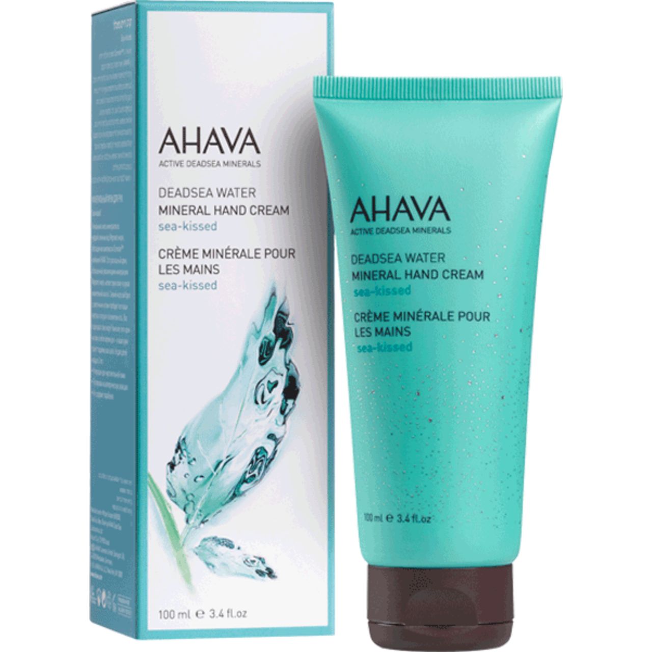 Produktverpackung und Tube. Türkis. AHAVA-Schriftzug. Text: DEADSEA WATER Mineral Hand Cream Sea-Kissed. 100 ml.