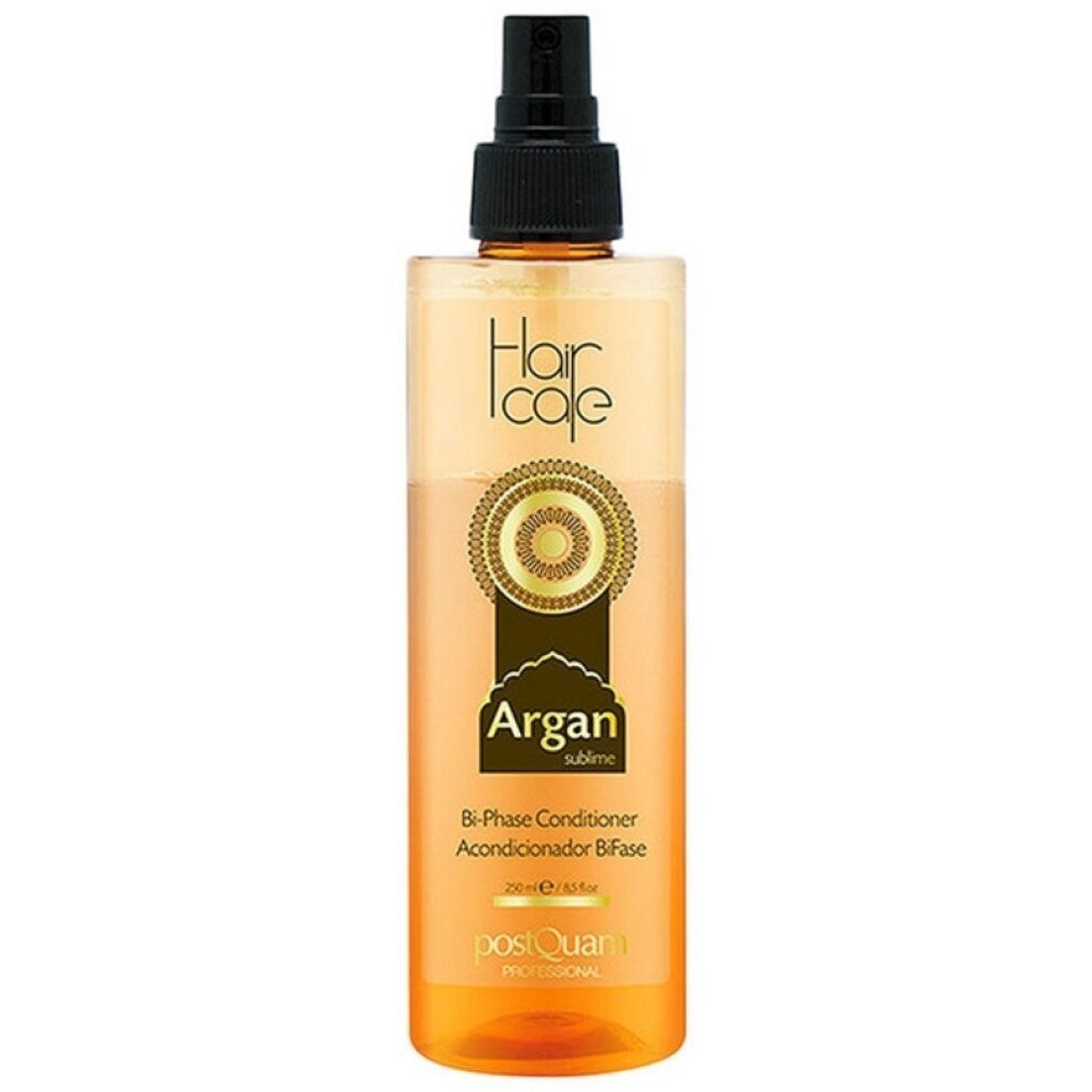 Haarpflege-Conditioner mit Sprühkopf. Aufschrift: Hair Icole, Argan, Bi-Phase Conditioner. Goldfarbene und transparente Flüssigkeit.