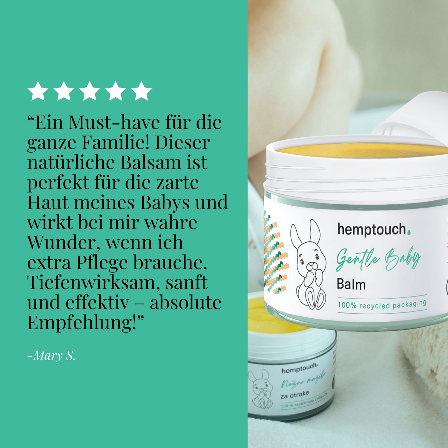 Tiegel mit Balsam neben Baby. Text: Zitat. Sterne. Hemptouch Gentle Baby Balm. Illustration: Hase. Vegan-Siegel.