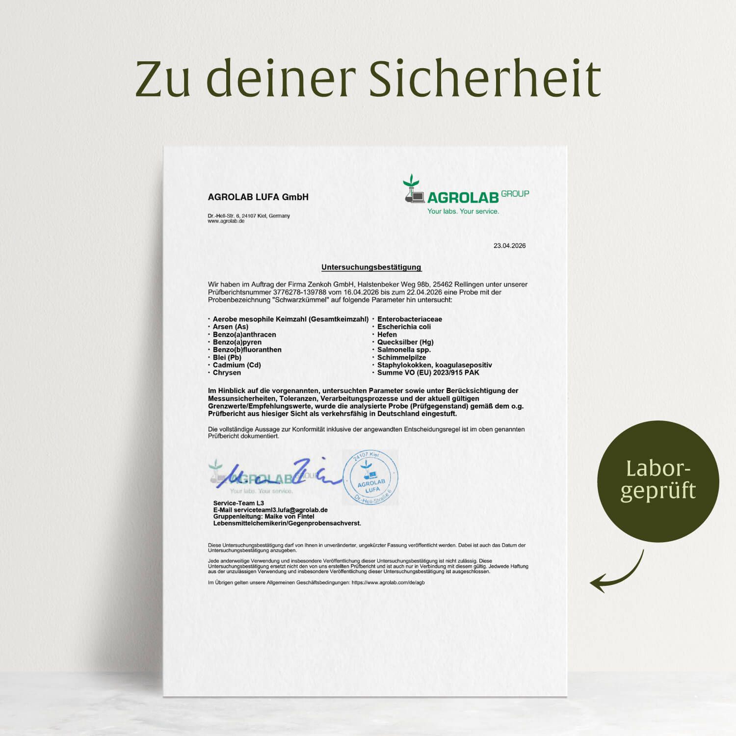 Laborbericht für NATURTREU® Schwarzkümmelöl Kapseln, "laborgeprüft" Siegel.