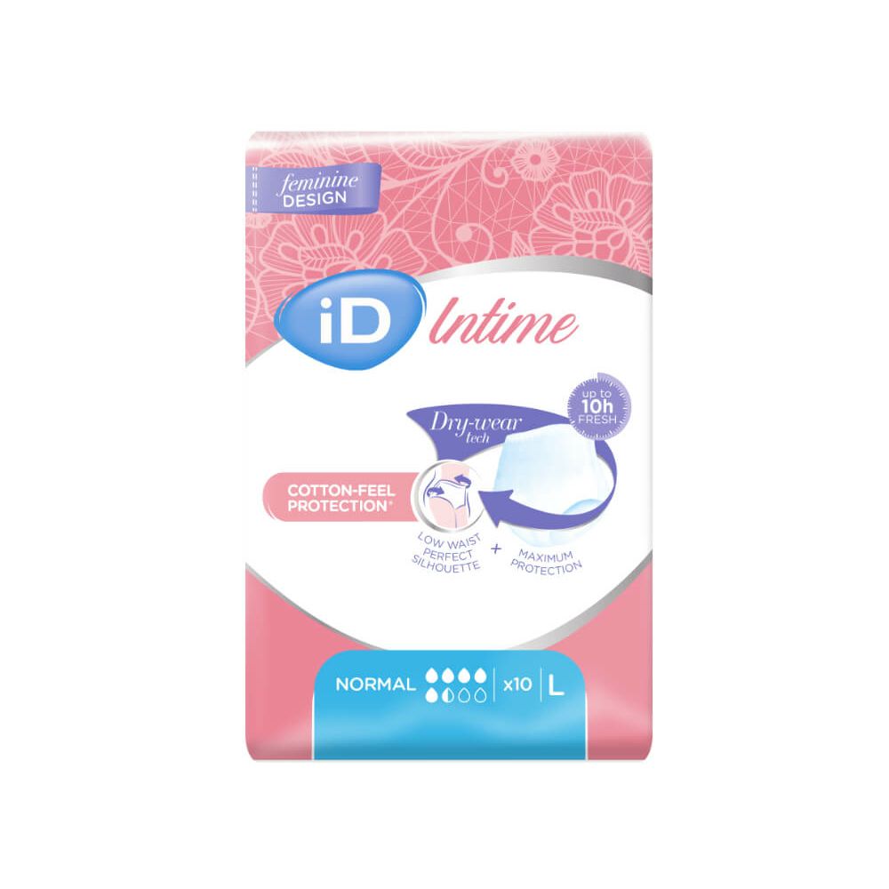 Verpackung iD Intime Pants Normal. Rosa-weißes Design mit Produktinformationen. 'Dry-wear tech' und 'Cotton-feel Protection'.