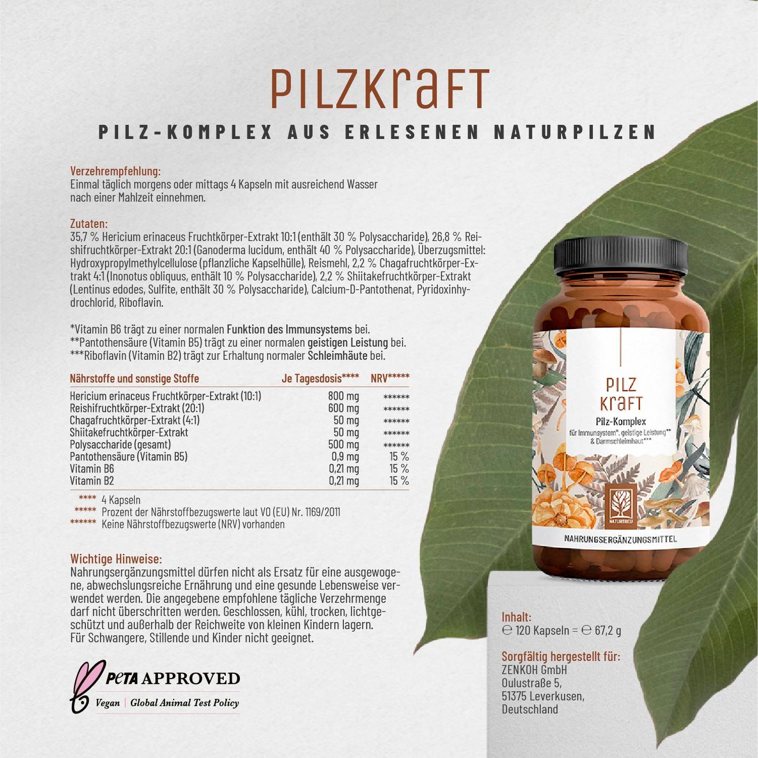 Braune Flasche mit „PILZKRAFT“-Etikett. Text und Illustrationen. PETA-Logo. Hintergrund: grüne Blätter.