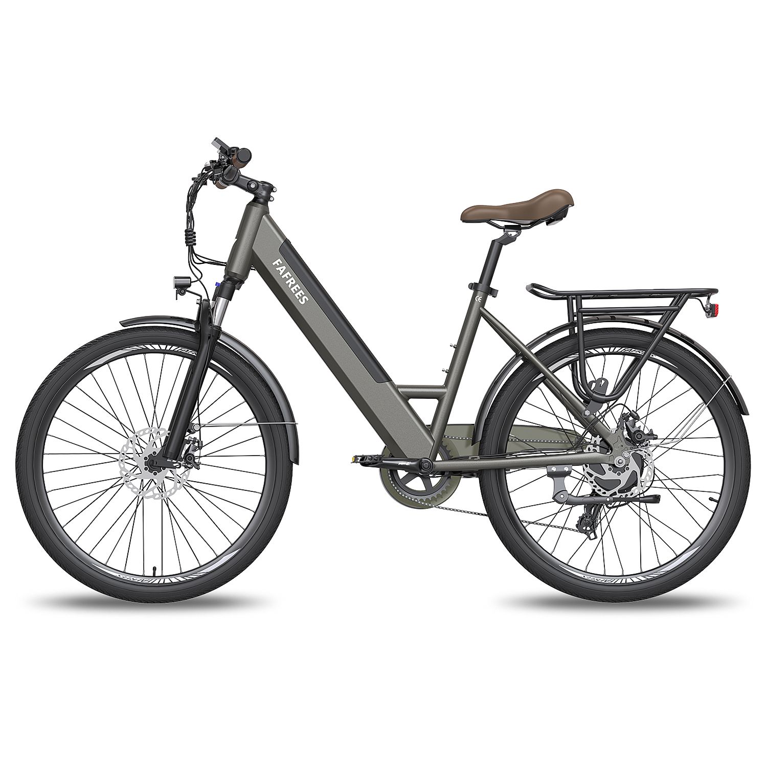 Graues E-Bike mit braunem Sattel und Gepäckträger. Marke FAFREES am Rahmen. Schwarze Schutzbleche und Reifen.