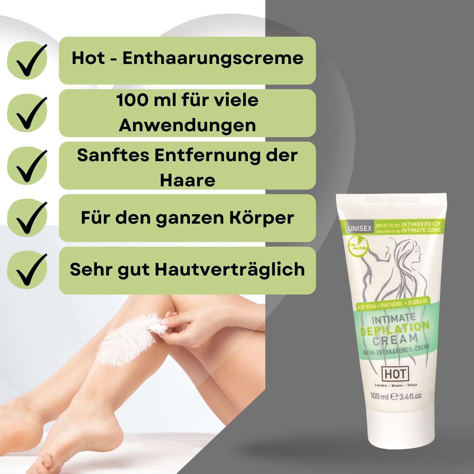 Creme und Bein. Aufschrift: INTIMATE DEPILATION CREAM. Marke: HOT. 100 ml. Unisex. Produktinformationen.