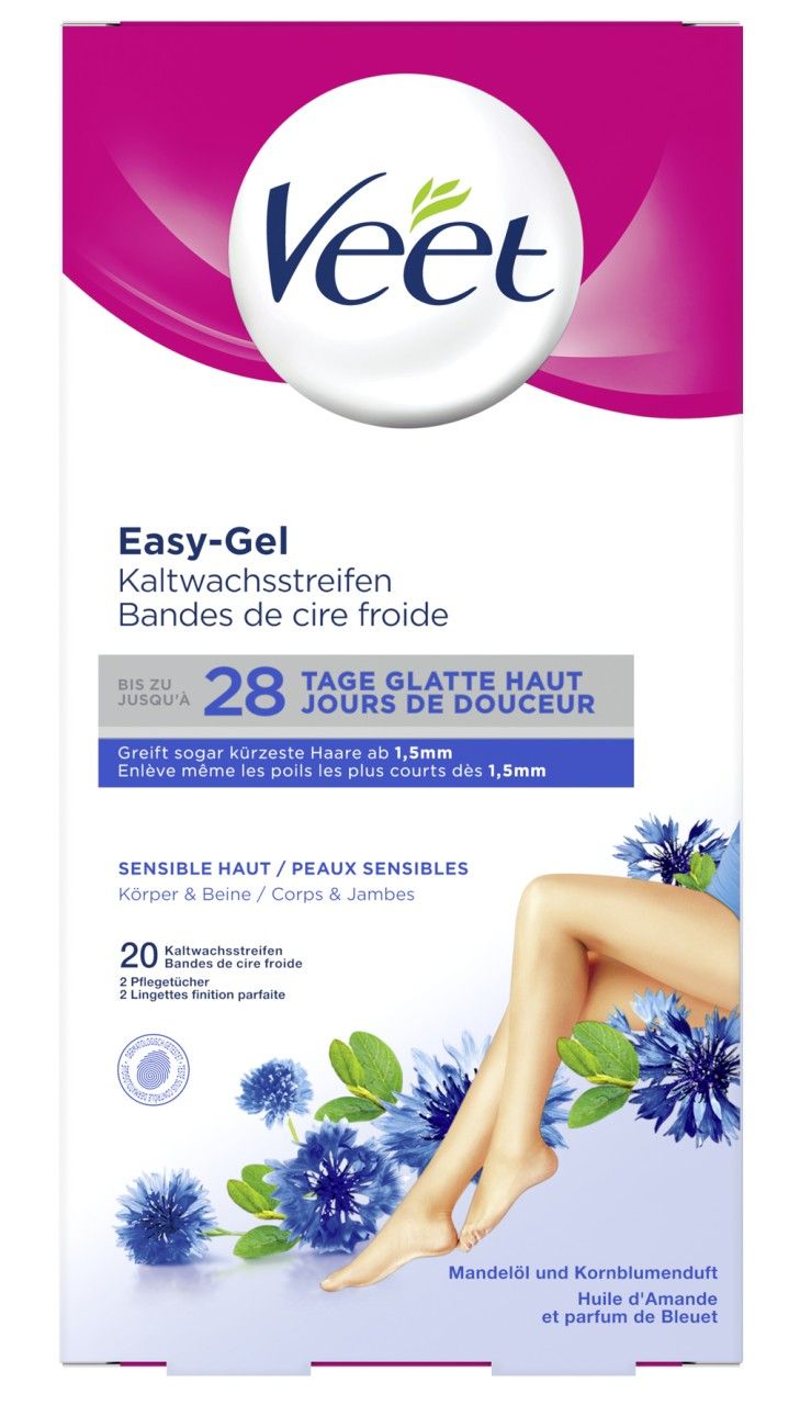 Veet Easy-Gel Kaltwachsstreifen für empfindliche Haut, 28 Streifen, mit Mandelöl und Kornblumenextrakt.