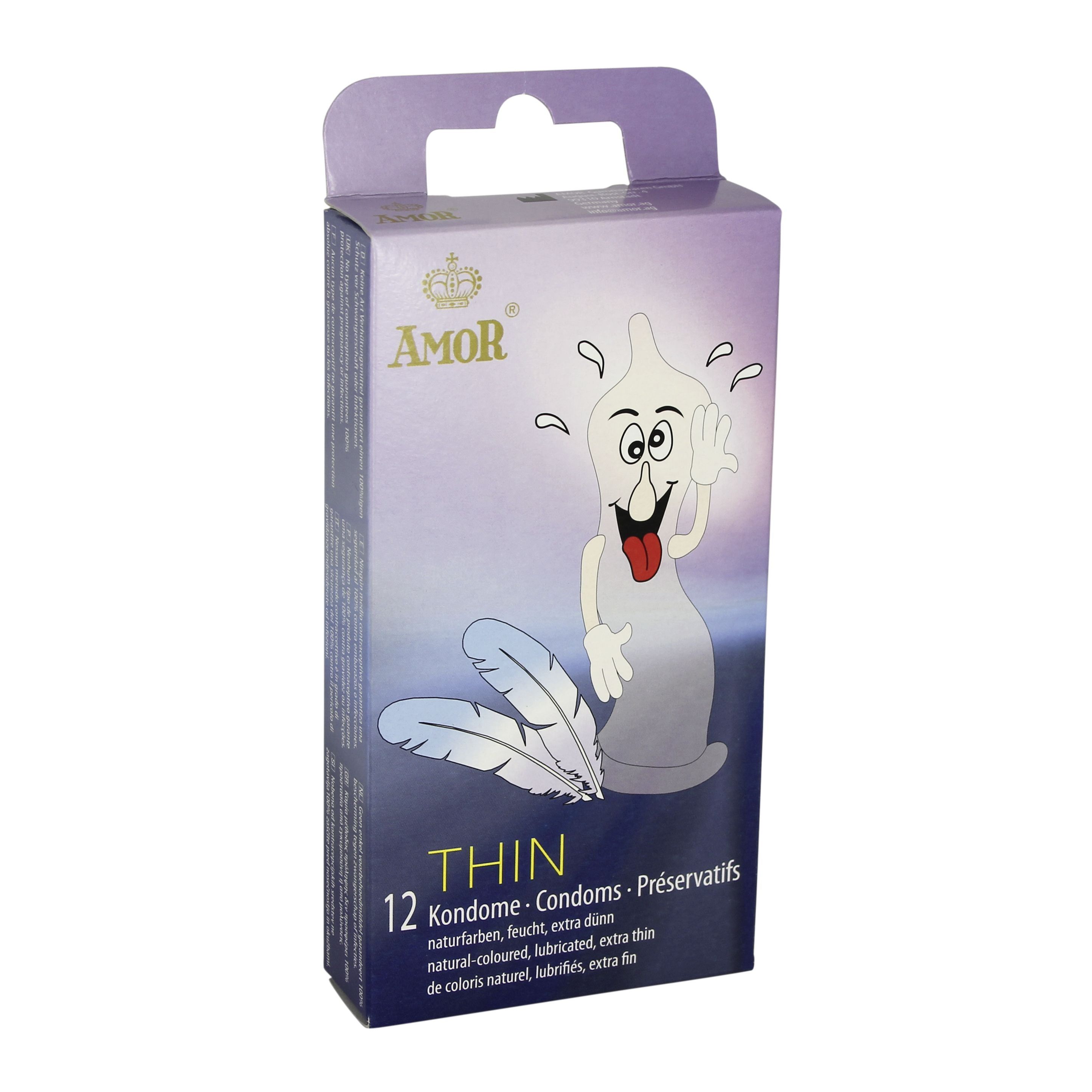 Kondom-Schachtel Amor Thin, 12 Stück. Mit Comic-Figur und Federn. Aufhängelasche.
