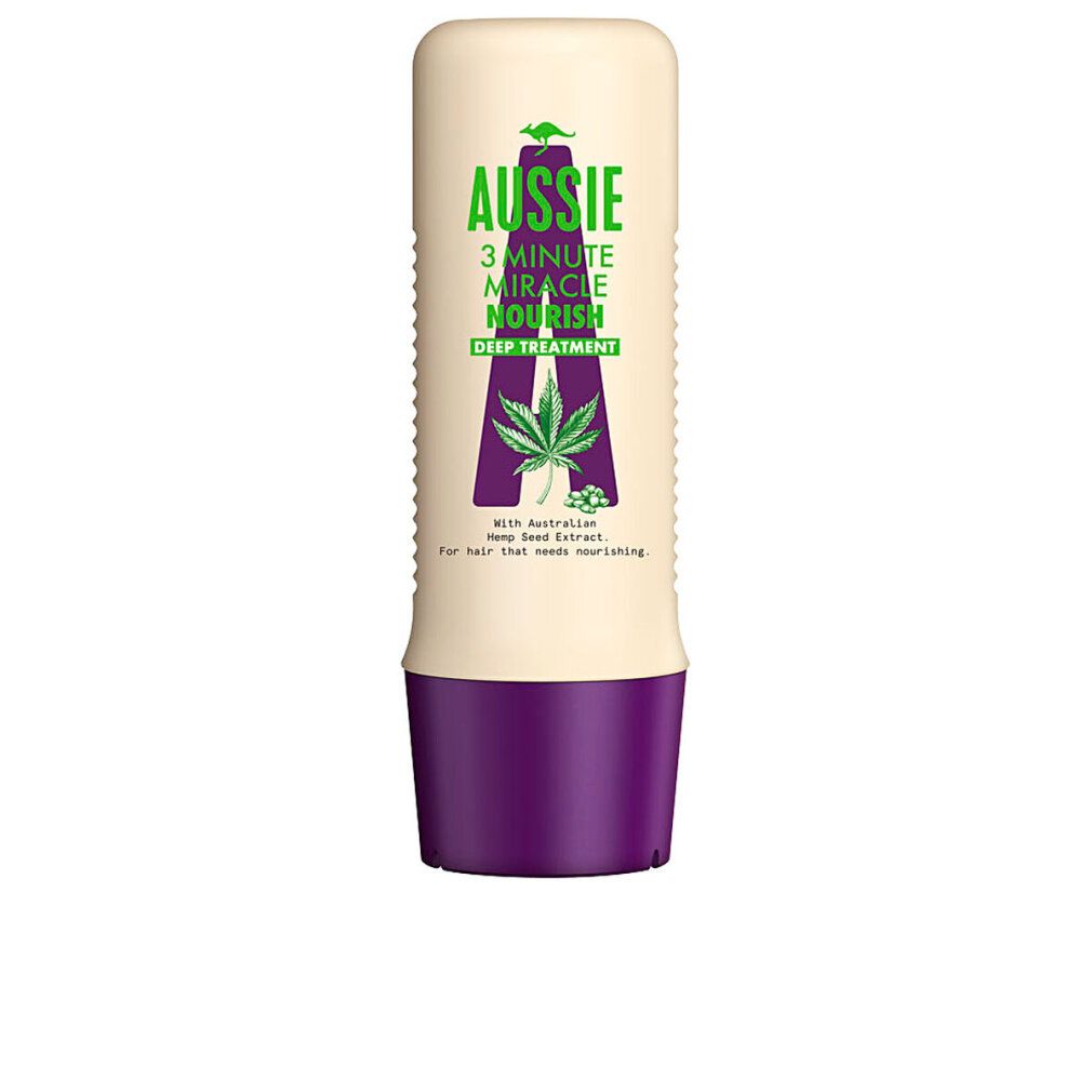 Beige Tube mit lila Boden. Aufschrift: Aussie 3 Minute Miracle Nourish Deep Treatment. Mit Hanfsamenextrakt.