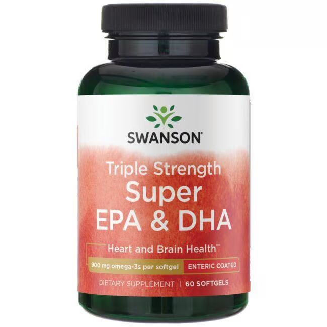 Grüne Flasche mit Kapseln. Aufschrift: SWANSON, Super EPA & DHA. 60 Softgels. Herz- und Gehirngesundheit.
