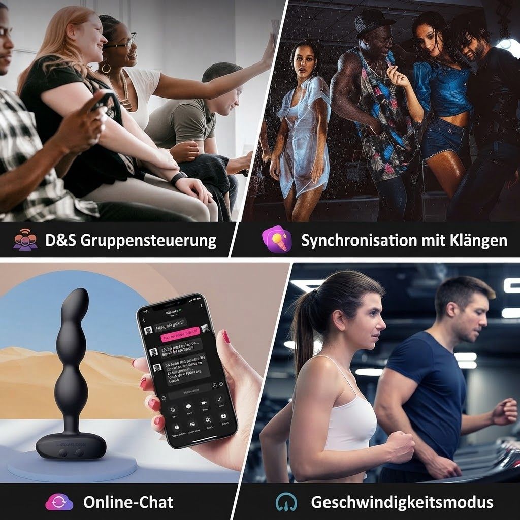 Collage zeigt Gruppensteuerung, Synchronisation mit Klängen, Online-Chat und Geschwindigkeit.