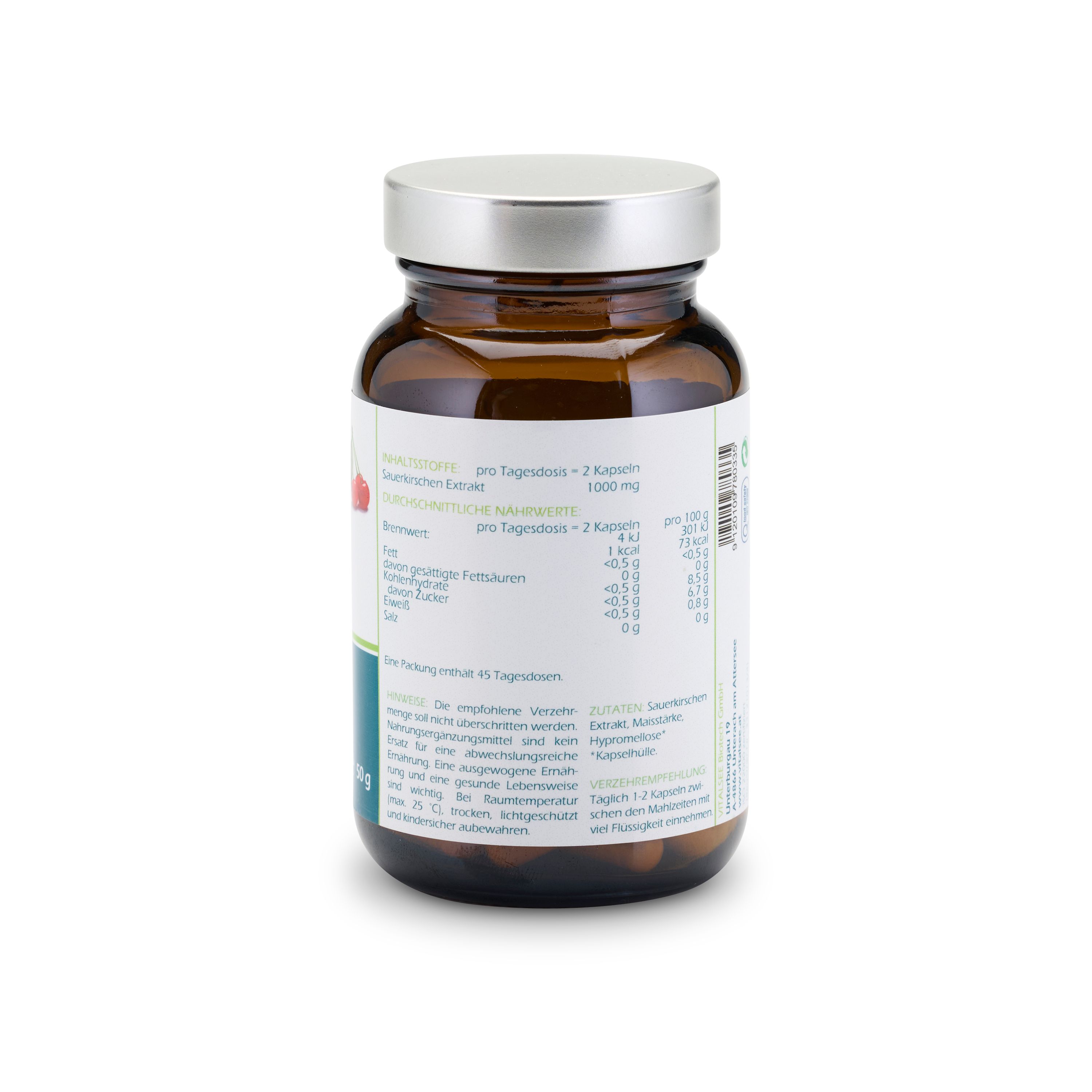 Rückseite einer braunen Glasflasche mit silbernem Deckel. Weißes Etikett mit Produktinformationen und Nährwerten.