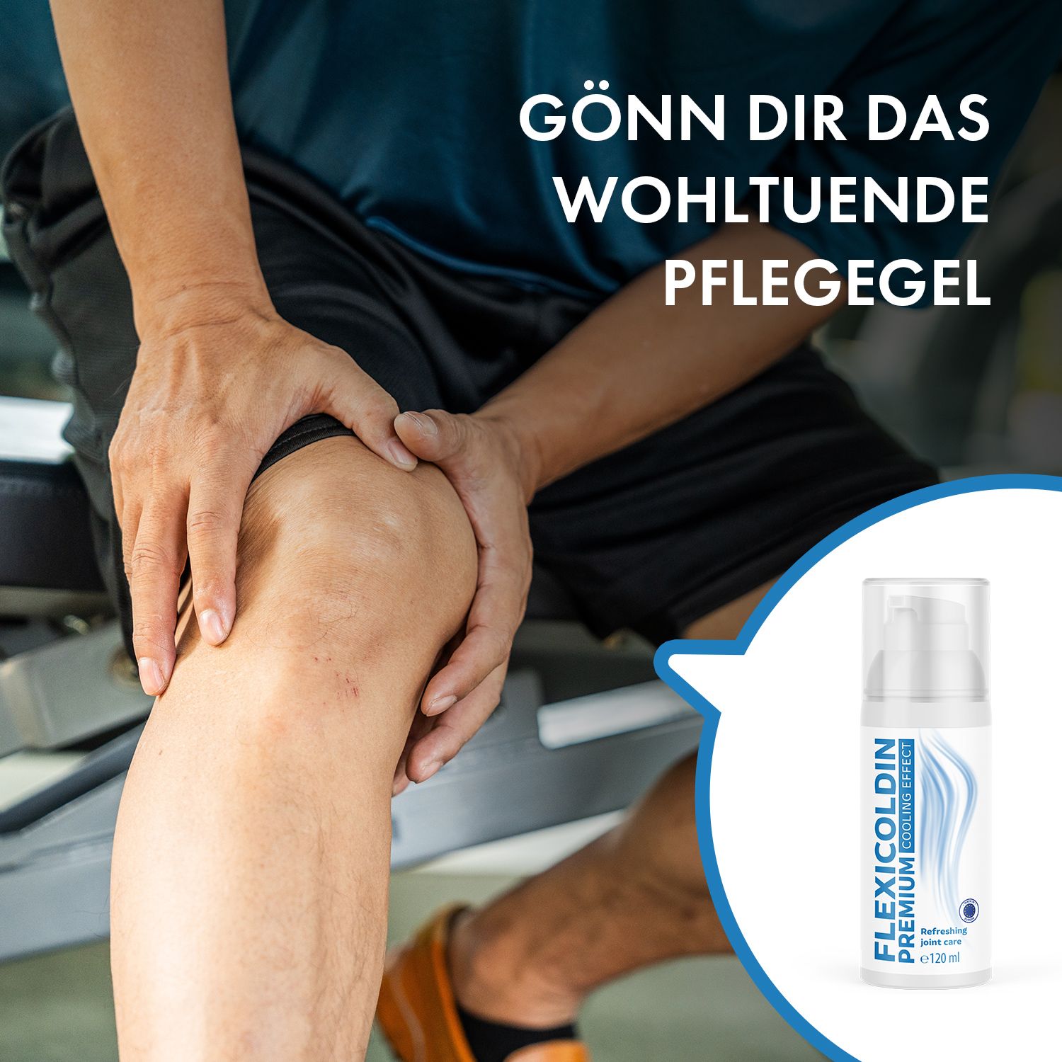 Person hält Knie. Daneben Flexicoldin Premium Cooling Effect Gel-Flasche. Blaue Sprechblase mit Text.
