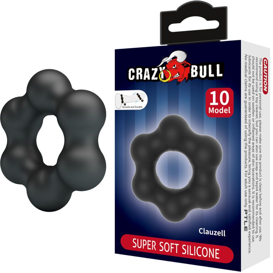 Produktverpackung mit schwarzem Silikon-Penisring und Produktnamen 'Crazy Bull - Clauzell'.