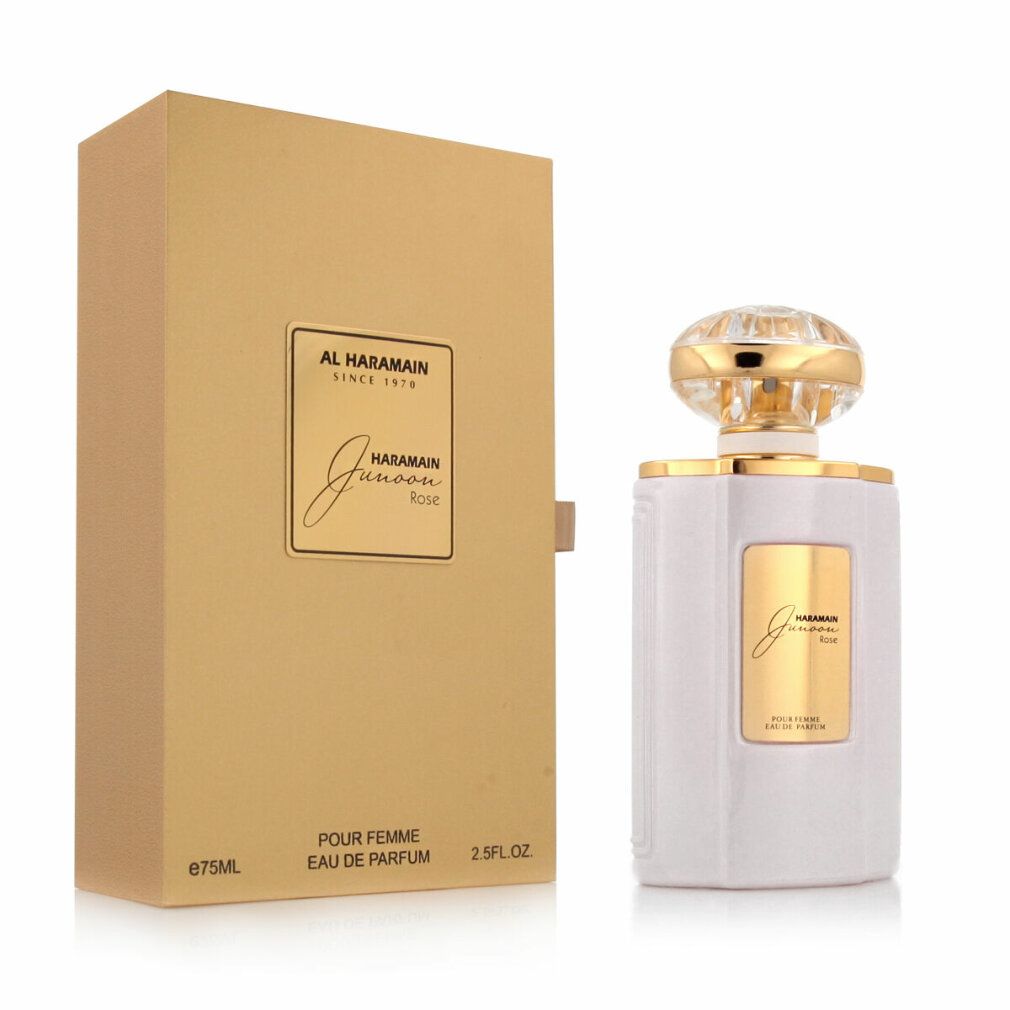 Weißer Flakon mit goldener Kappe und goldener Verpackung. Aufschrift: Al Haramain Junoon Rose Eau De Parfum.