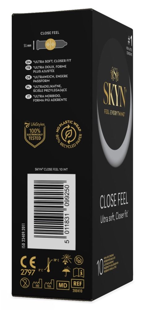 Schwarze Schachtel mit SKYN-Logo und Text. Enthält 10 Kondome. Aufschrift: Close Feel, Ultra soft, Closer fit.