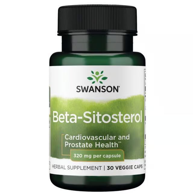 Grüne Flasche mit schwarzem Deckel. Aufschrift: SWANSON Beta-Sitosterol, 320 mg pro Kapsel. Kräuterergänzungsmittel, 30 Veggie Caps.