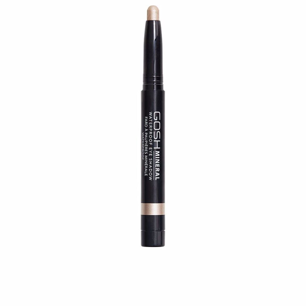 Gosh Mineral Waterproof Eye Shadow 010-Vanilla. Schwarzer Stift mit beiger Spitze. Text: Waterproof Eye Shadow, Fard à paupières minérale.