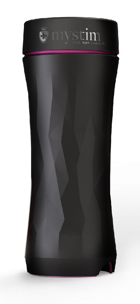 Schwarzes Gerät mit geometrischem Design. Oberseite mit Logo und Schriftzug 'mystim'. Rosa Akzente.