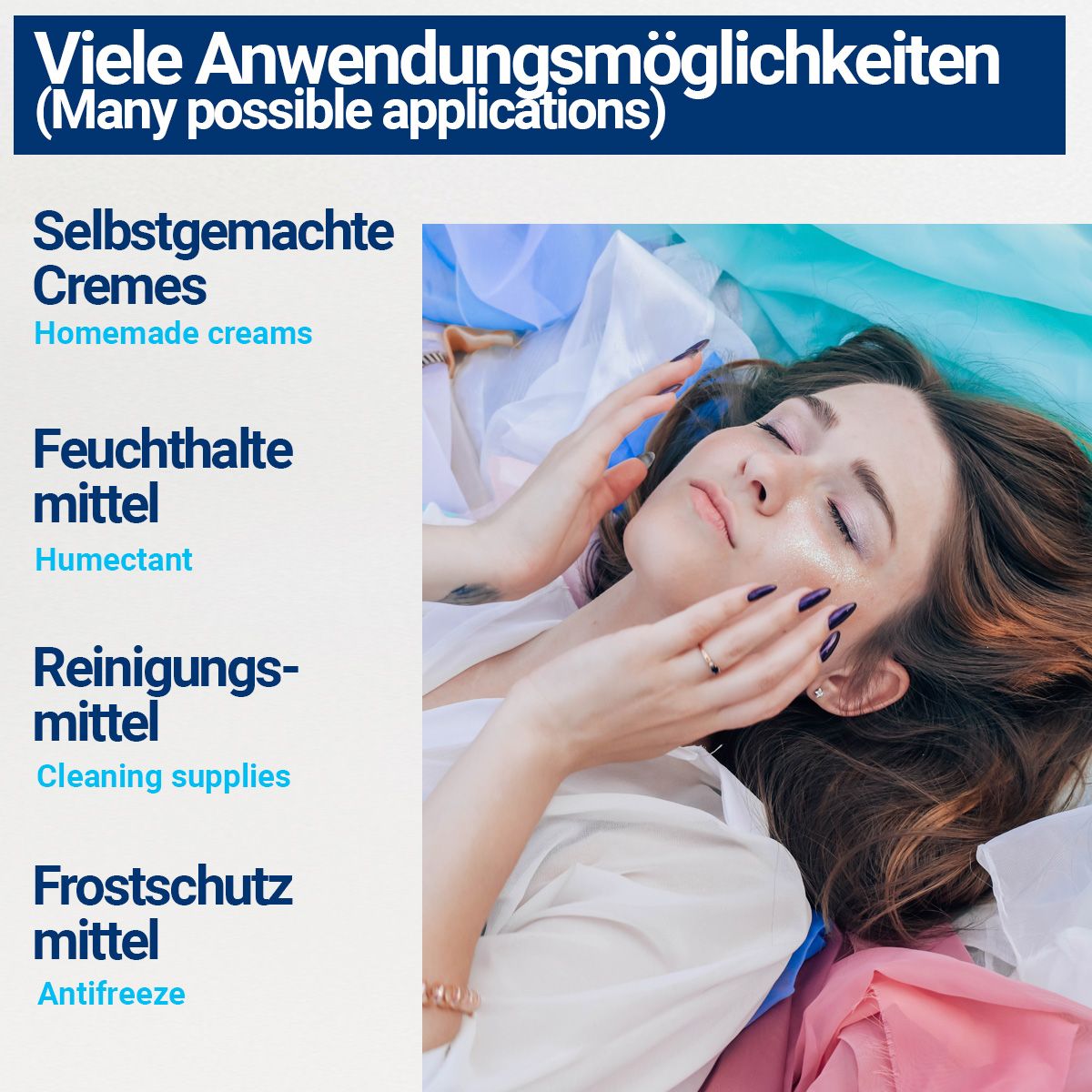 Frau liegt auf Stoffen. Text: Viele Anwendungsmöglichkeiten. Selbstgemachte Cremes, Feuchthaltemittel, Reinigungsmittel, Frostschutzmittel.