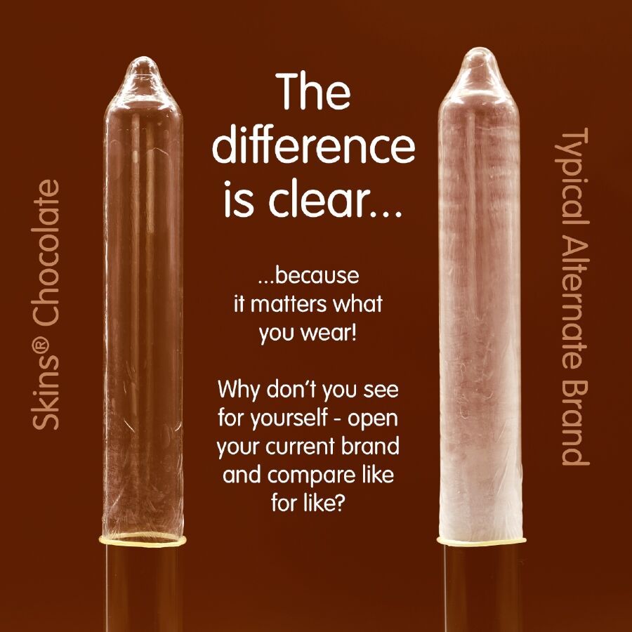 Zwei transparente Kondome nebeneinander. Links: Skins Chocolate. Rechts: Typische Alternative. Text: The difference is clear.