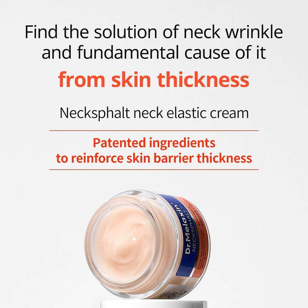 Produkt-Glas mit Text. Text: "Find the solution of neck wrinkle..." und "Neckspahlt neck elastic cream".