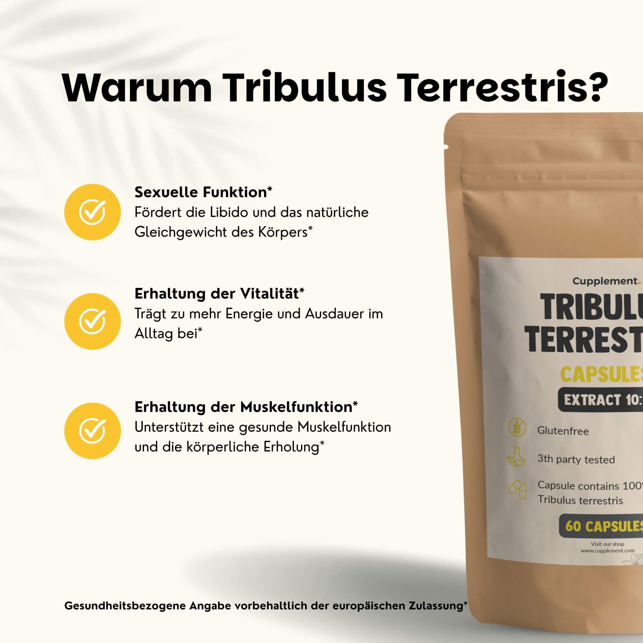 Beutel mit Kapseln. Aufschrift: Tribulus Terrestris Capsules, 60 Kapseln. Vorteile: Sexuelle Funktion, Vitalität, Muskeln.