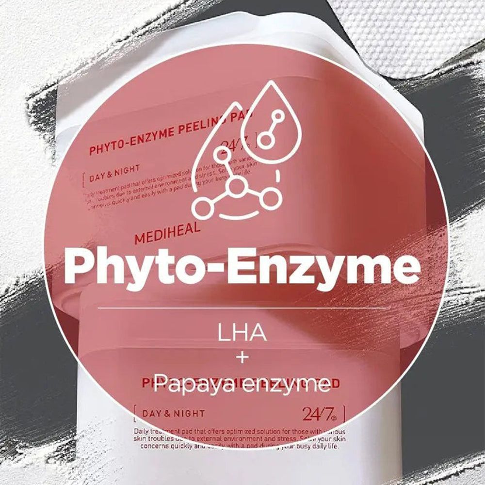 Runder Aufkleber mit Text "Phyto-Enzyme" und Produktnamen. Logo und Text "LHA + Papayaenzymed".