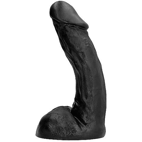 Schwarzer, gebogener Dildo. Oberfläche mit Adern. Geformt für G-Punkt- und P-Punkt-Stimulation.