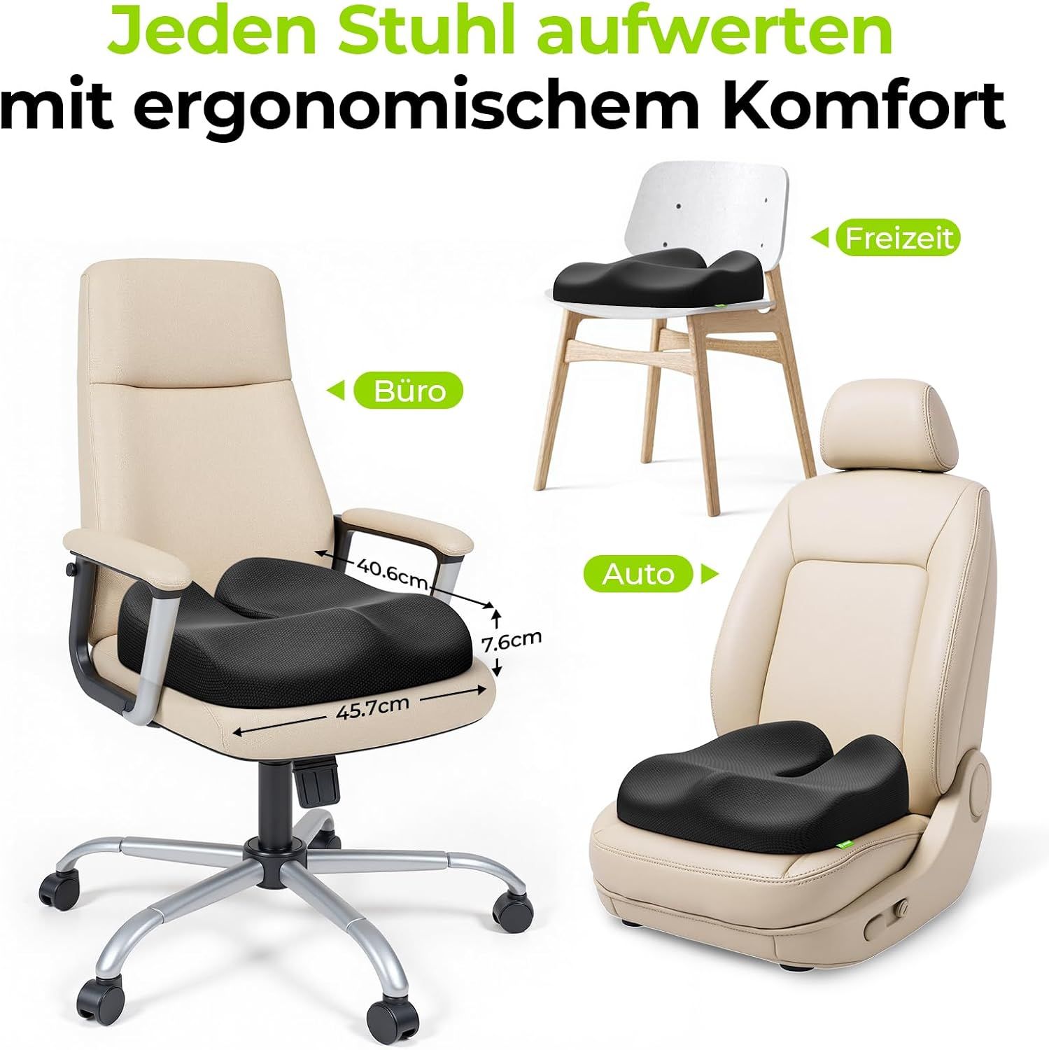 Ergonomisches Sitzkissen für Büro, Auto und Freizeit, mit Maßen 45.7x40.6x7.6cm.