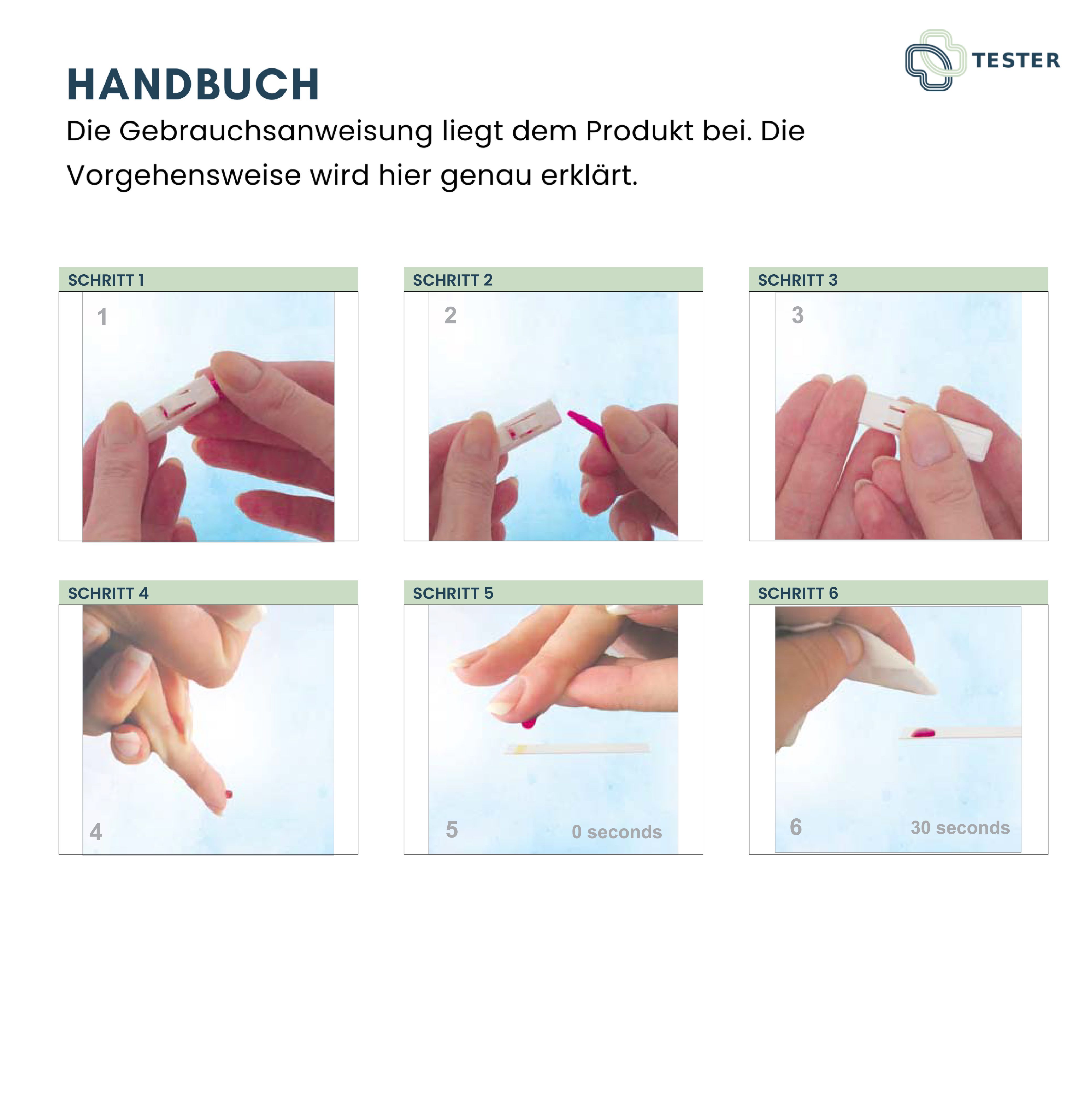 Handbuch mit Anweisungen zur Verwendung des Diabetes-Tests. Schritt-für-Schritt-Anleitung mit Bildern. Schritte 1-6 zeigen die Anwendung. Logo: The Tester.