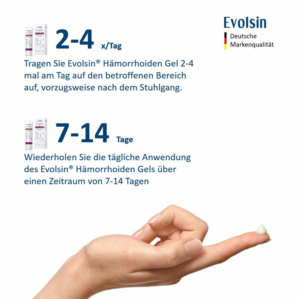 Anwendungshinweise: Evolsin® Hämorrhoiden Gel 2-4 mal täglich auftragen. Anwendung über 7-14 Tage wiederholen. Gel auf Finger.