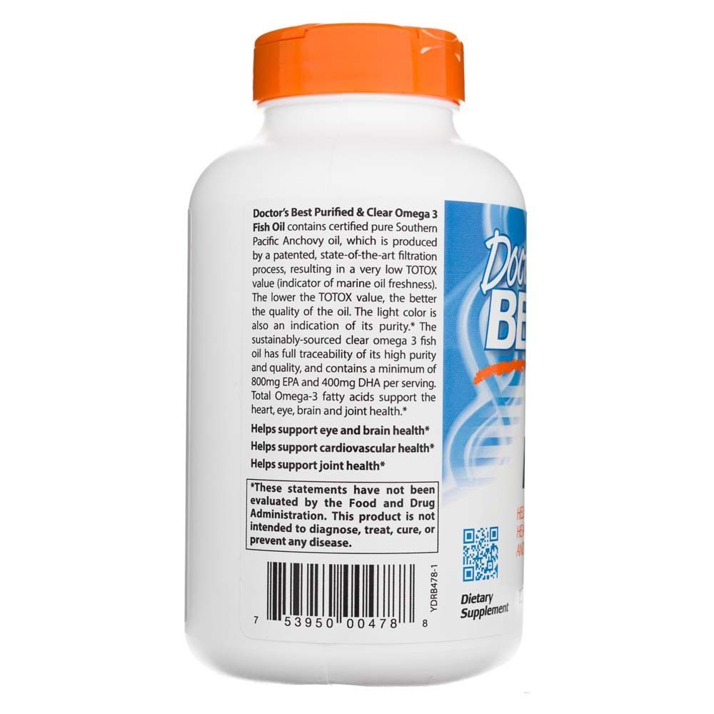 Rückseite einer Flasche Doctor's Best Omega 3 Fischöl mit Produktbeschreibung und Barcode. Weiß mit orangefarbenem Deckel.