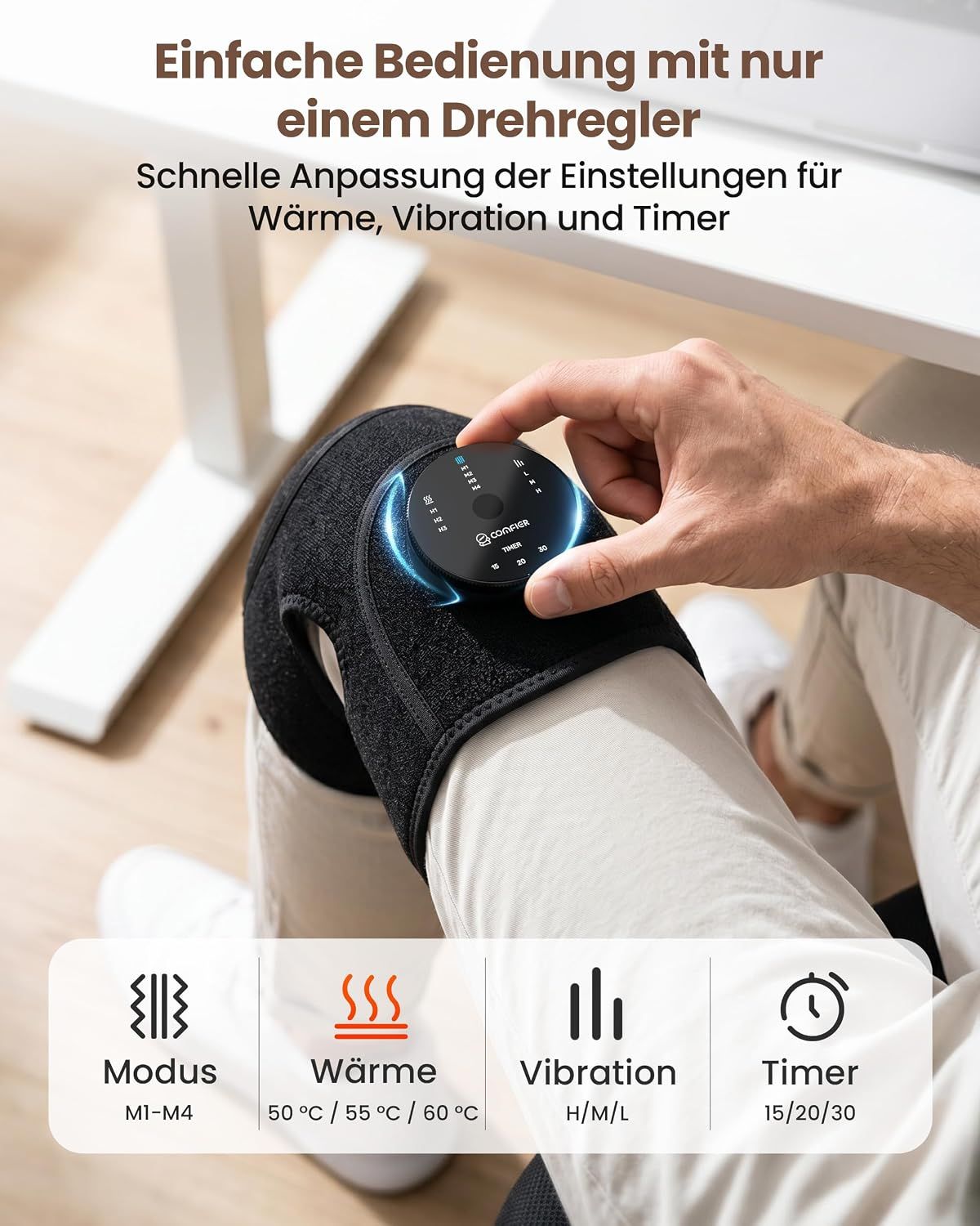 Schwarze Kniebandage mit Heizfunktion, Vibration und Timer, bedient mit einem Drehregler.