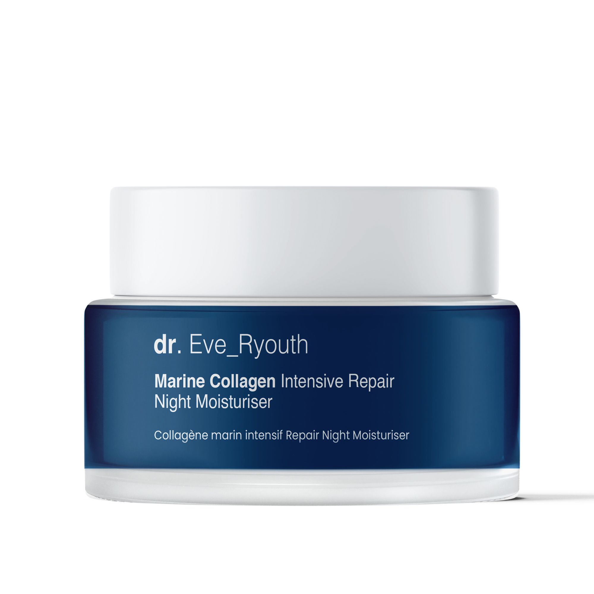 Blaue Creme-Dose mit weißem Deckel. Aufschrift: Marine Collagen Intensive Repair Night Moisturiser. Marke: dr. Eve_Ryouth.