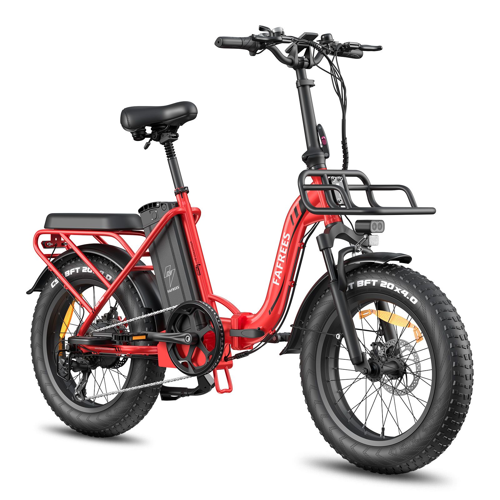 Rotes Falt-E-Bike mit schwarzem Korb, Reifen und Sattel. FAFREES-Logo sichtbar. Mit Akku und LCD-Display.