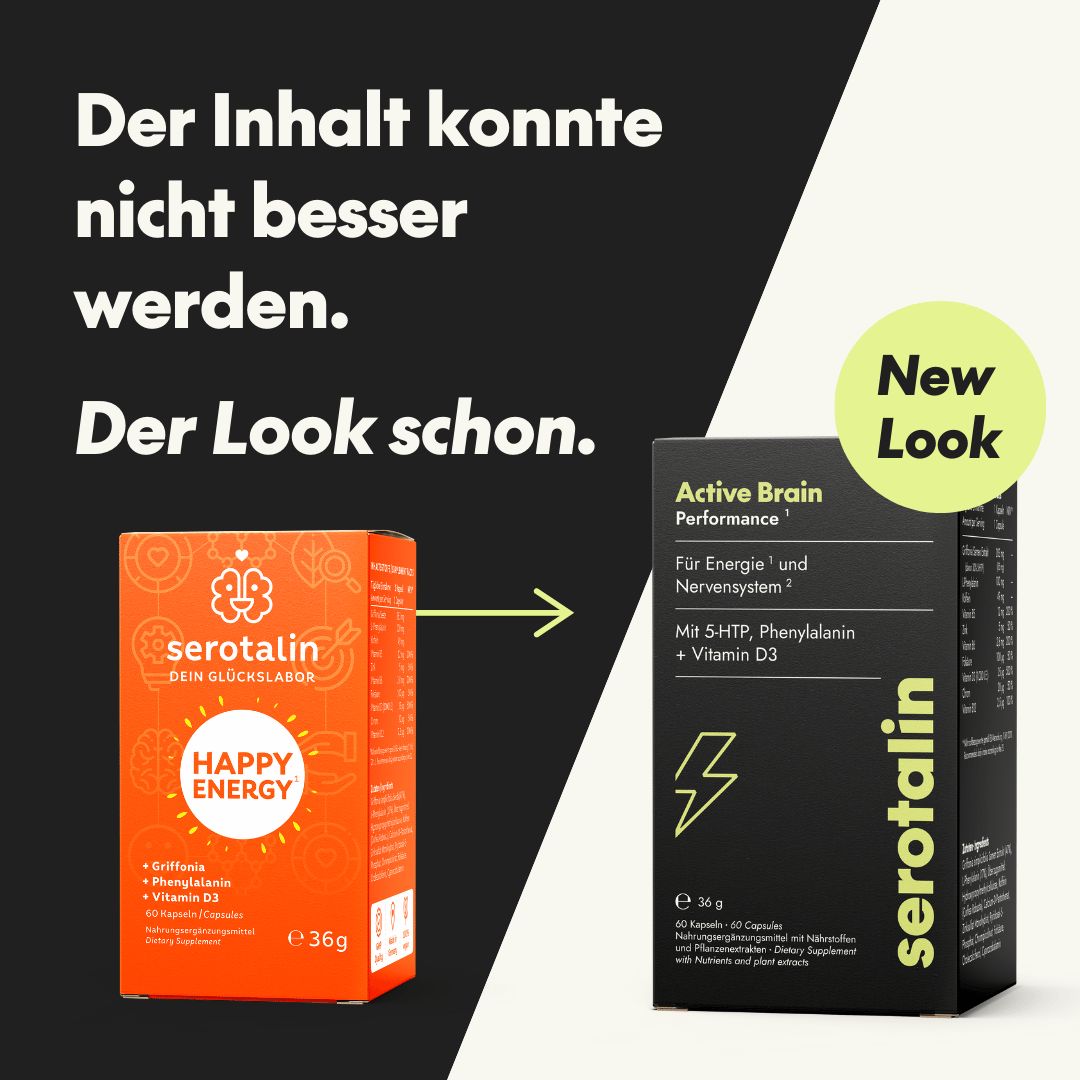 Vergleich der Verpackung. Links: Orangefarbene Schachtel. Rechts: Schwarze Schachtel mit Aufschrift serotalin. Text: Der Inhalt konnte nicht besser werden. Der Look schon.