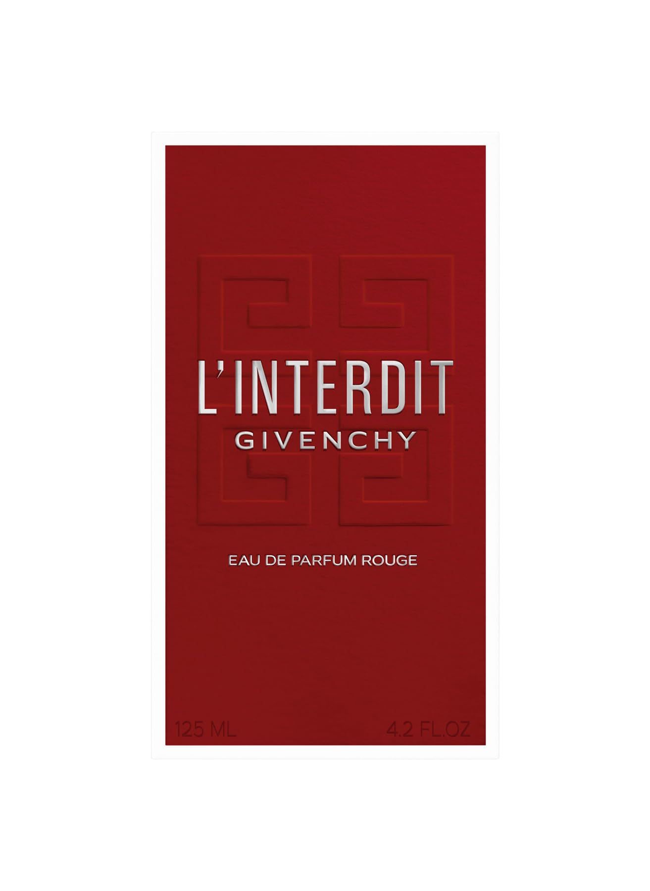 Rote Schachtel. Aufschrift: L'Interdit Givenchy Eau de Parfum Rouge. Geprägtes Logo. Unten: 125 ml und 4.2 FL. OZ.
