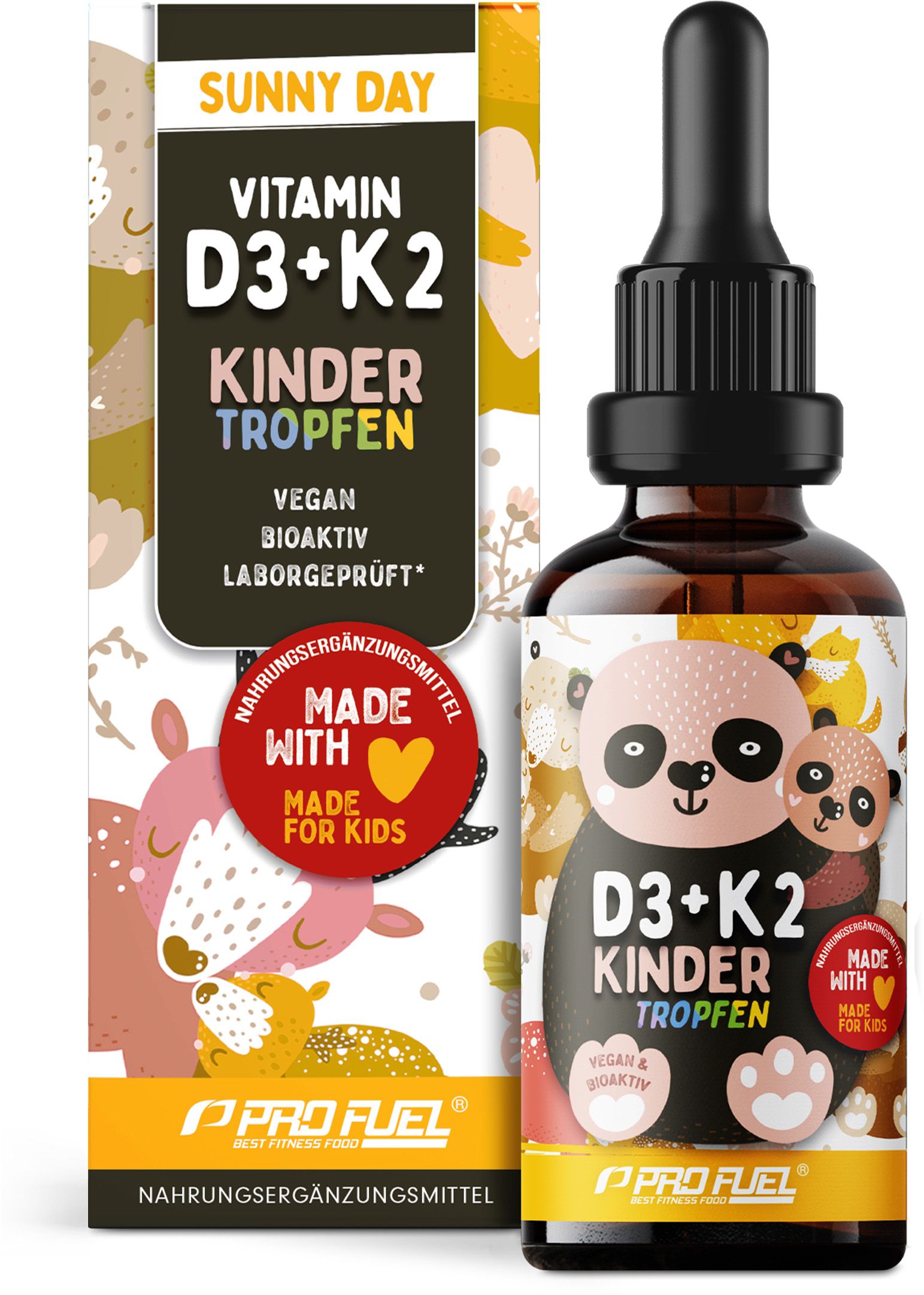 Braune Glasflasche mit Tropfer und Verpackung. Aufschrift: Vitamin D3+K2 Kinder Tropfen. Made with für Kids. Vegan.
