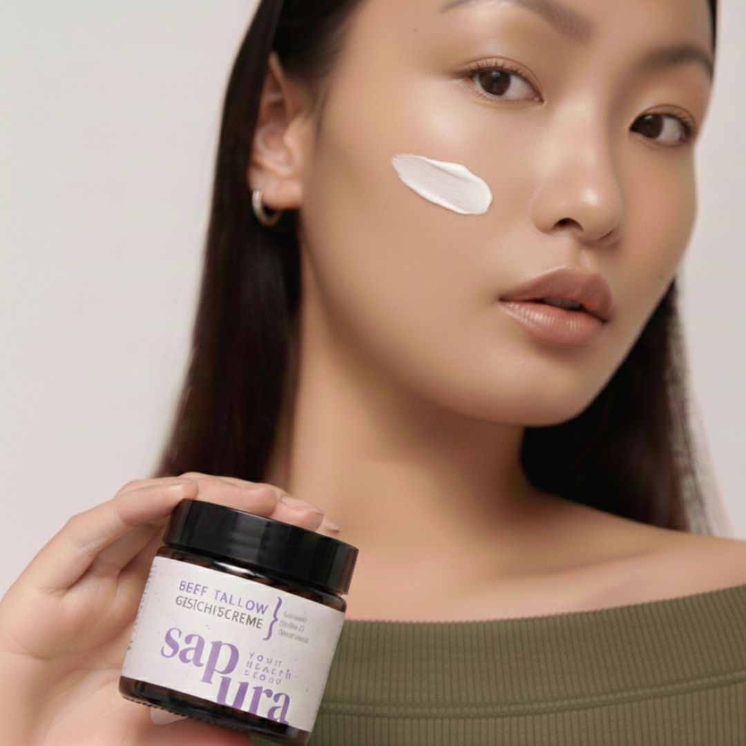 Frau hält Creme-Tiegel. Auf der Wange Creme. Aufschrift: Beef Tallow Gesichtscreme, Marke: sapura.