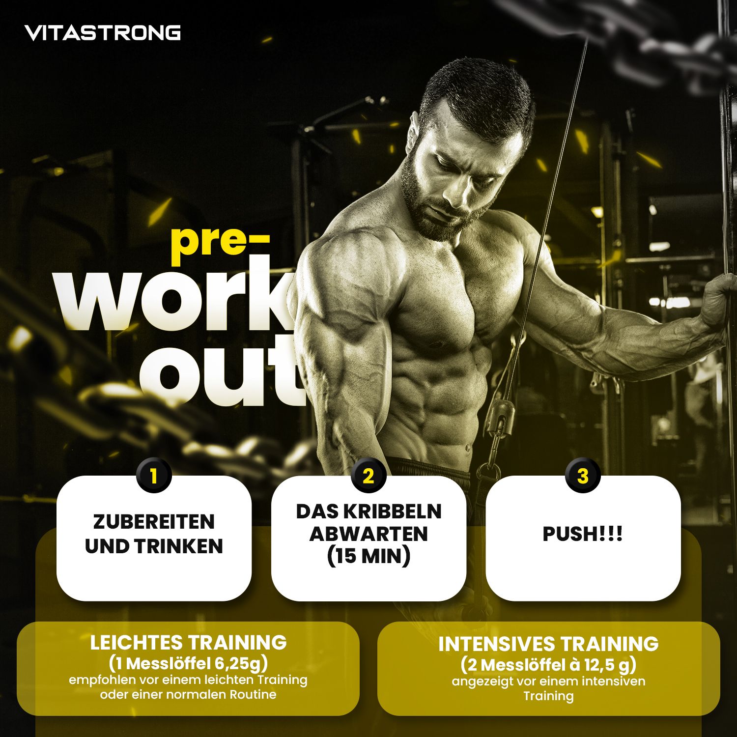 Vitastrong Pre-Workout. 3 Schritte: Zubereiten, 15 Min. warten, Trainieren. Mann im Fitnessstudio. Gelber Hintergrund.