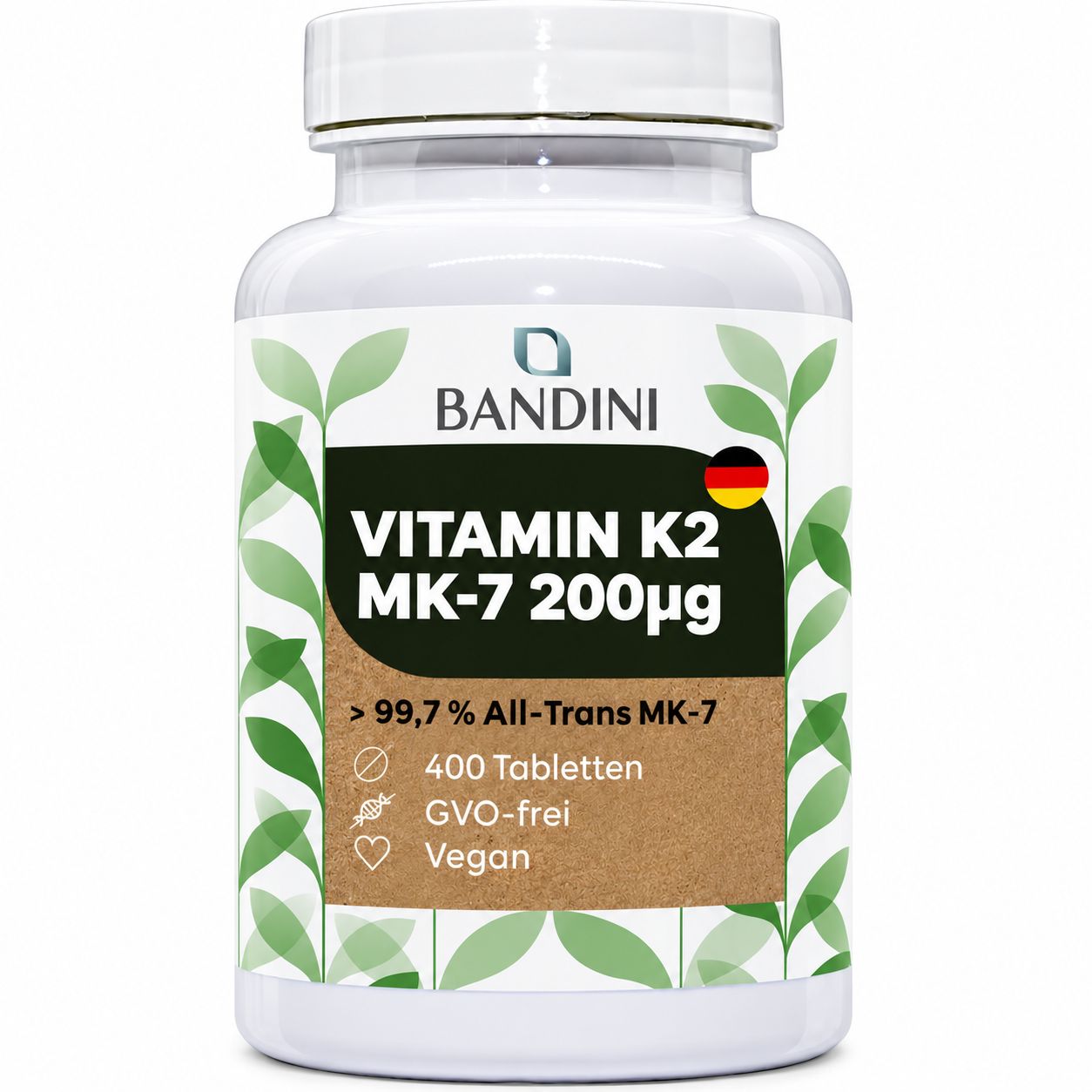 Flasche mit Etikett 'VITAMIN K2 MK-7 200µg', 400 Tabletten, GVO-frei, Vegan.