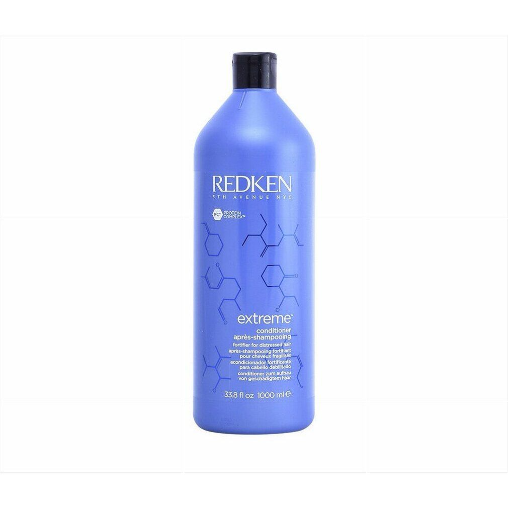 Blaue Flasche Redken Extreme Conditioner. Schwarzer Deckel. Text: Extreme, Conditioner, 33.8 fl oz, 1000 ml.