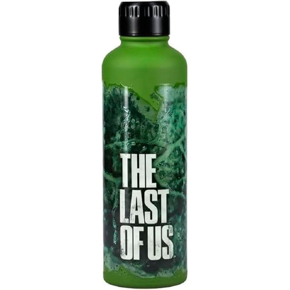 Grüne Metallflasche mit schwarzem Deckel. Aufdruck: "THE LAST OF US". Motiv: Blätter. Flaschenform.