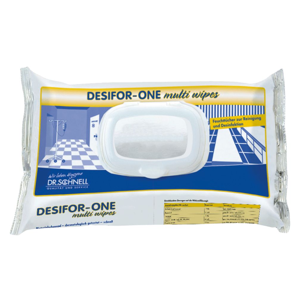 Verpackung von DESIFOR-ONE multi wipes. Weiß-blaue Folienverpackung mit Spenderöffnung. Text: Dr. Schnell, Feuchttücher zur Reinigung und Desinfektion.