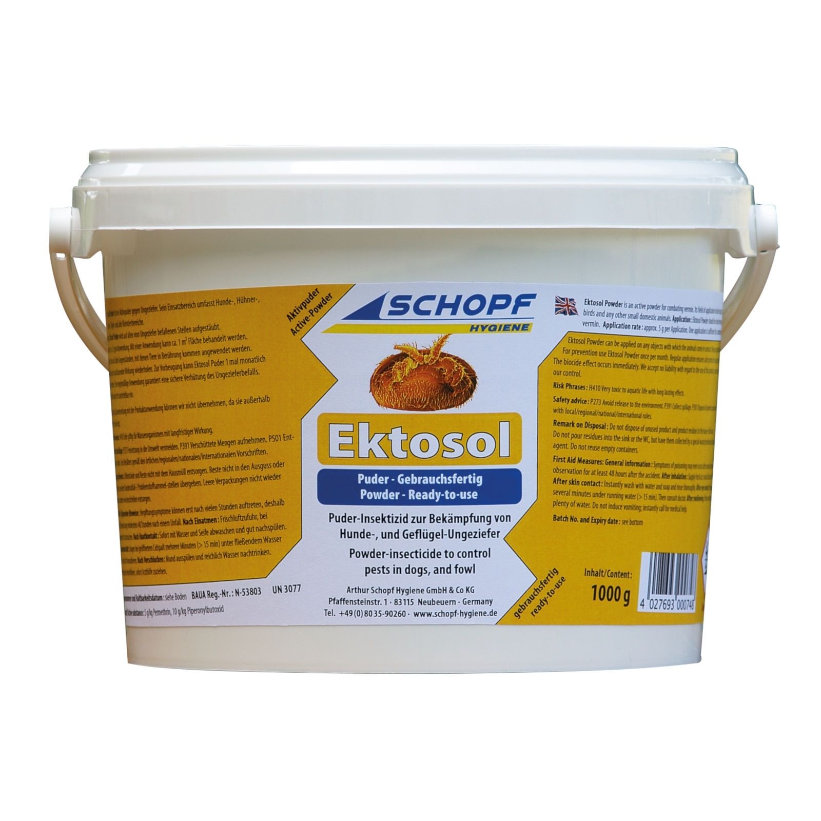 Eimer mit Produktetikett. Aufschrift: Ektosol, Puder gegen Ungeziefer. Enthält 1000g.