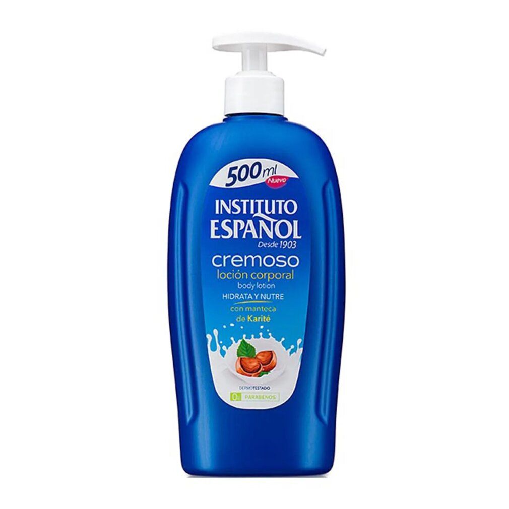 Blaue Lotionflasche mit Aufschrift: INSTITUTO ESPAÑOL, cremoso, loción corporal, 500 ml. Mit Shea Butter.
